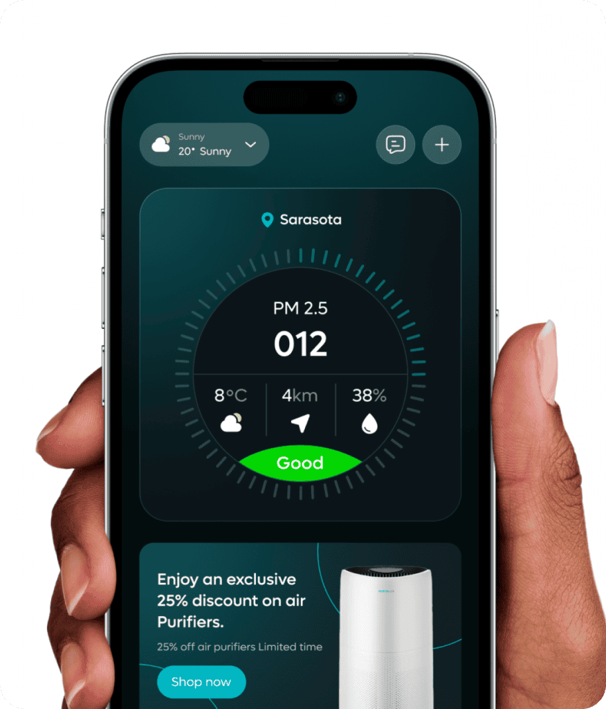 High-tech air quality monitoring app on smartphone displaying PM2.5 levels, weather, and air purifier status.