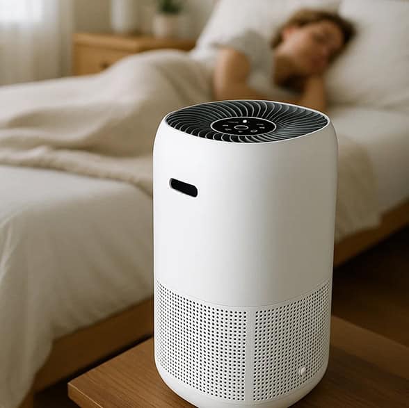 Quiet air purifier for bedroom with HEPA filter and 360-degree air cleaning.