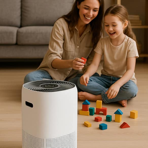 Air purifier for clean indoor air, family enjoying fresh air at home.