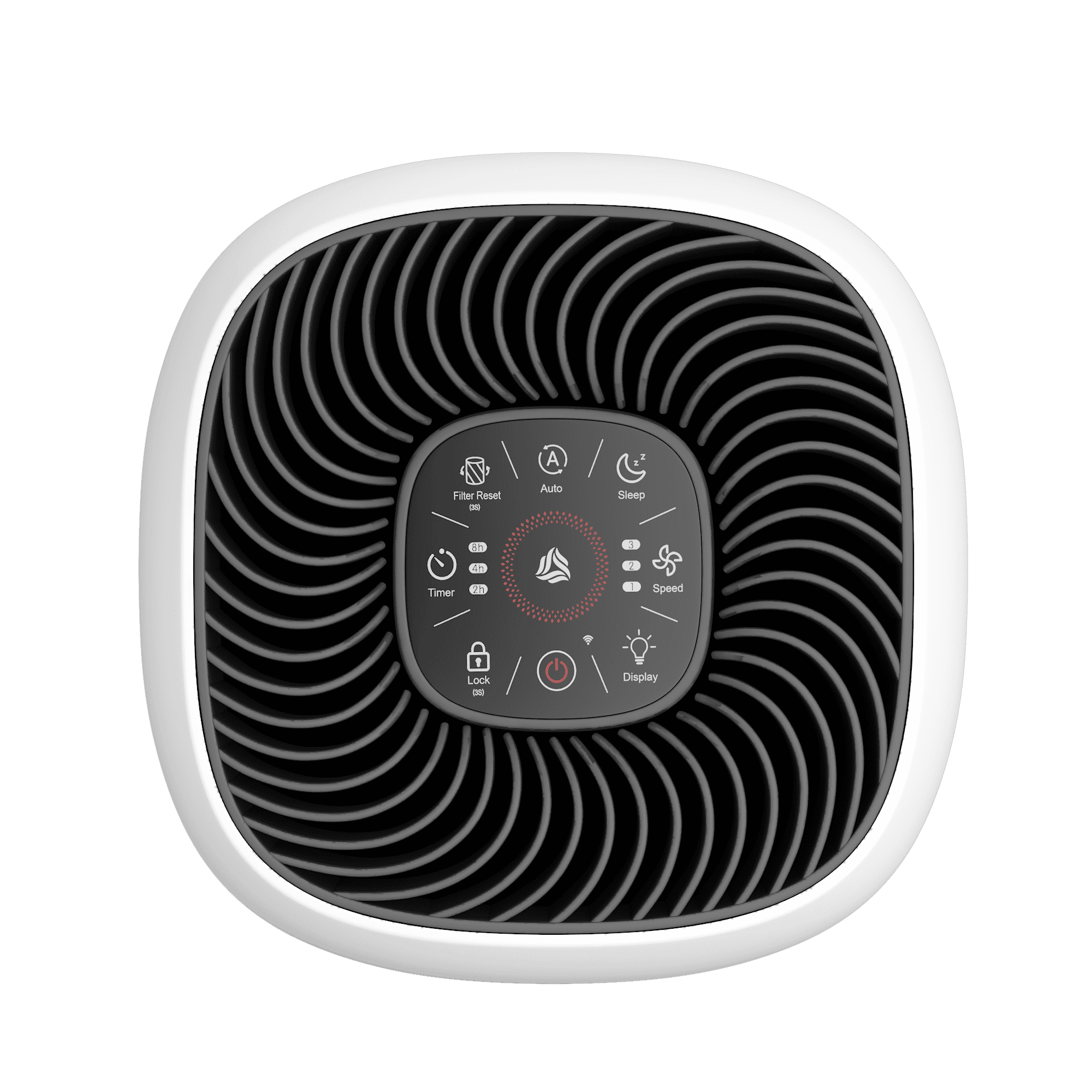Air purifier with digital touch control panel and air filter reset button.