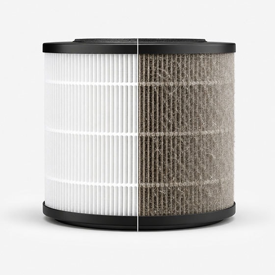 Close-up of a HEPA air purifier filter showing clean and used sides, emphasizing air purification technology for large rooms.