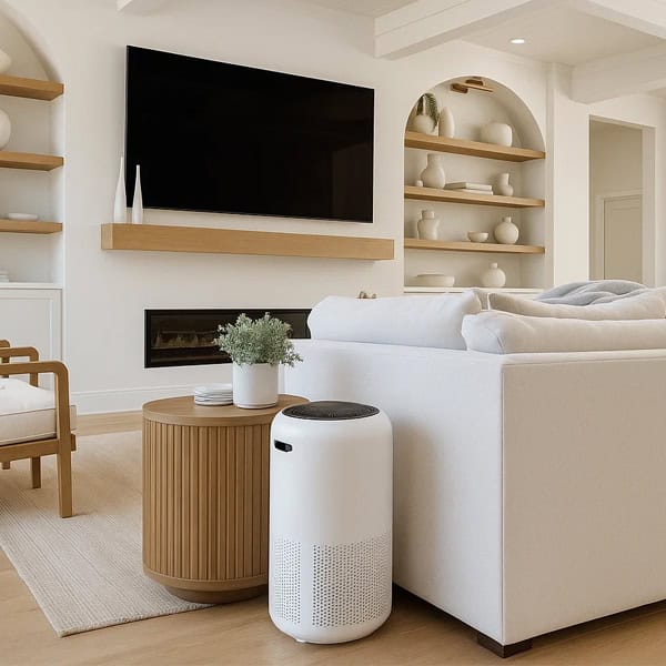 Odor-free air purifier in modern living room for clean indoor air.