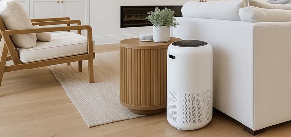 Air purifier in modern living room for clean indoor air.