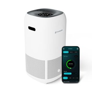 Modern smart air purifier with app control for clean indoor air and air quality monitoring.