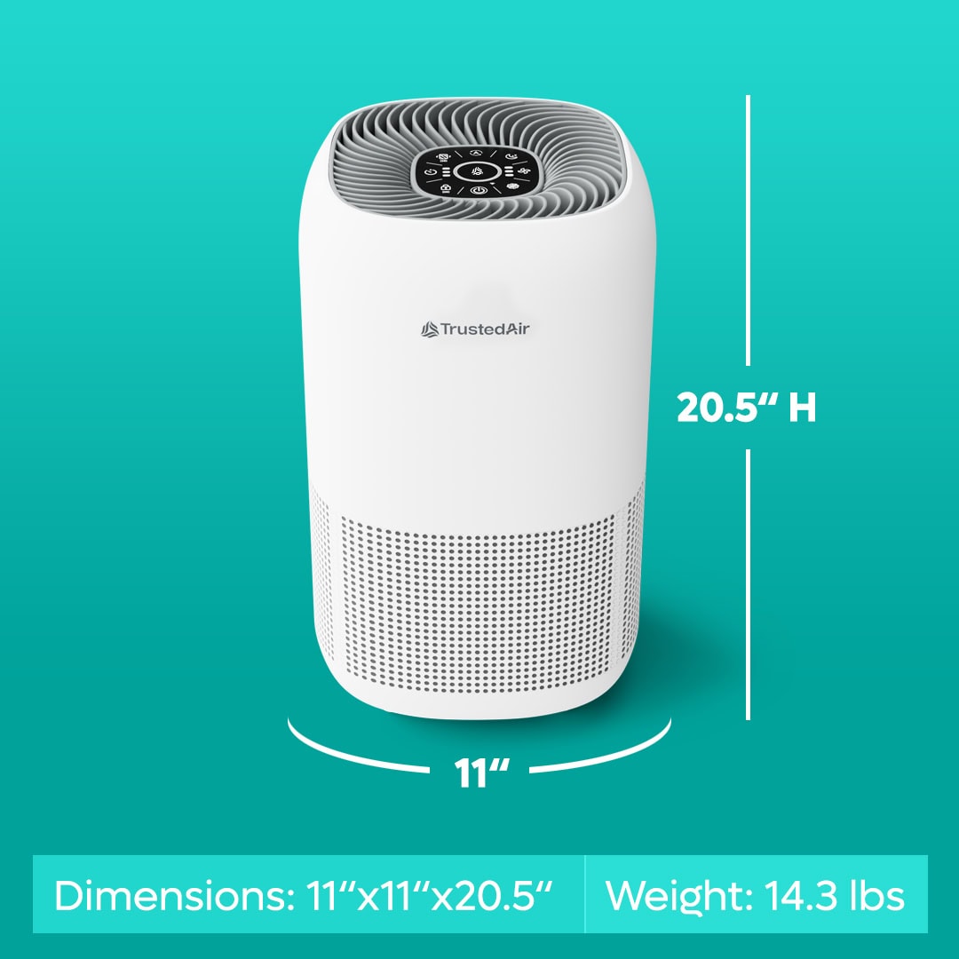 TrustedAir Smart HEPA Air Purifier designed for large rooms with sleek white design and digital controls on top.