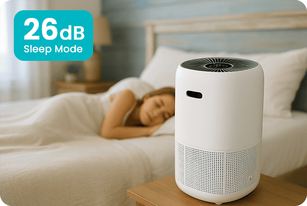Quiet white air purifier on bedside table in bedroom with sleeping woman, promoting clean air and sleep quality.