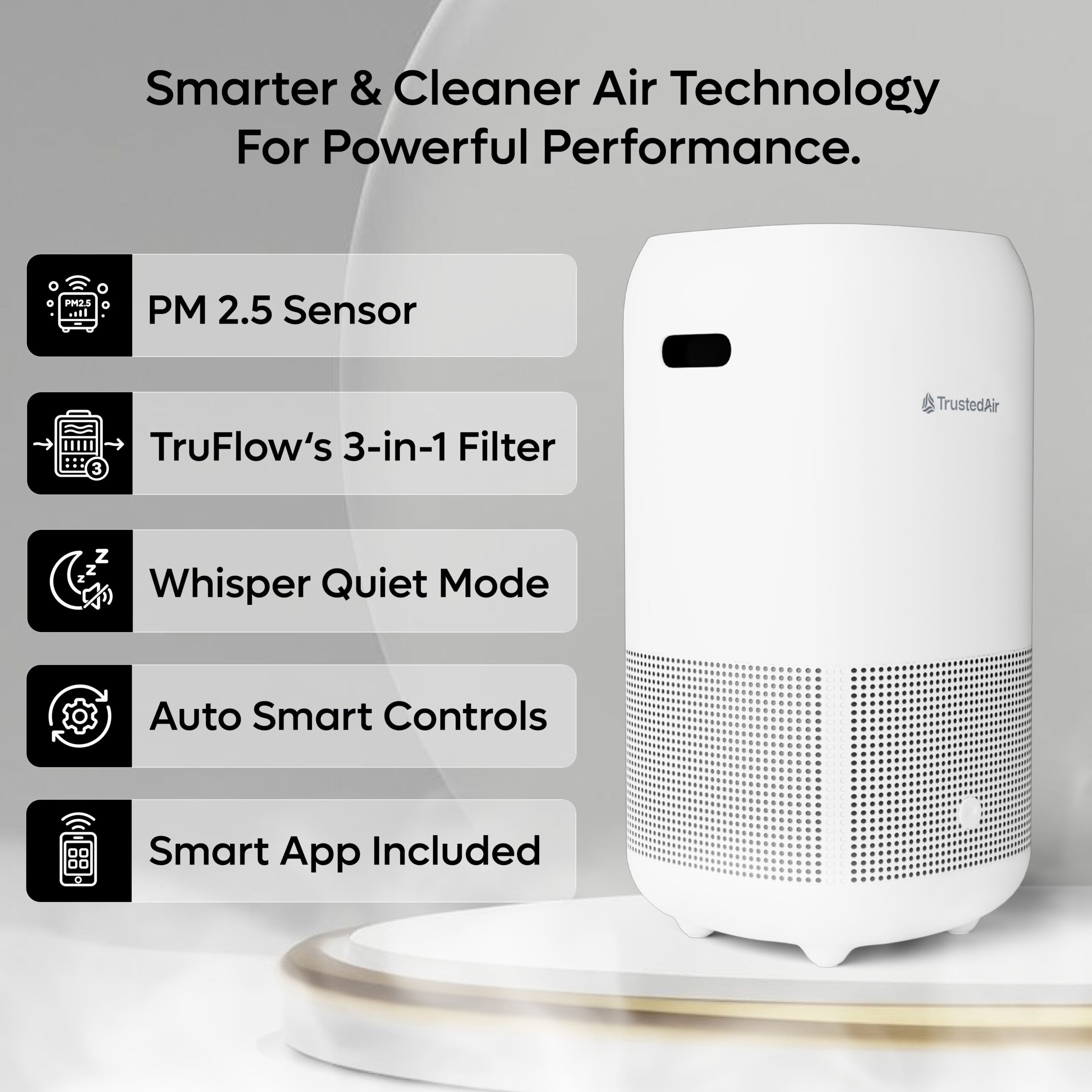 TrustedAir TruFlow smart HEPA air purifier for large rooms with advanced air cleaning technology and app control.