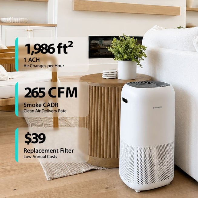 TrustedAir Smart HEPA air purifier in a modern living room with wooden furniture and a white sofa, highlighting its large coverage and air cleaning capabilities.