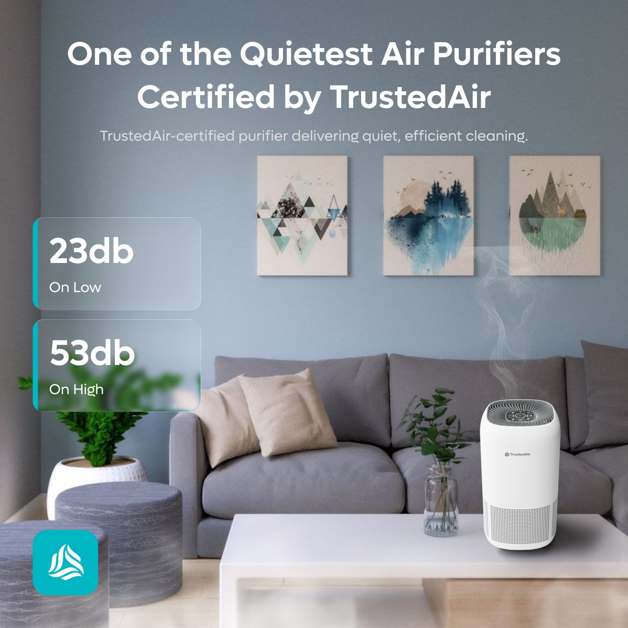 Quiet air purifier in a living room with digital noise level display, promoting trustedair certification for quiet, efficient air cleaning.
