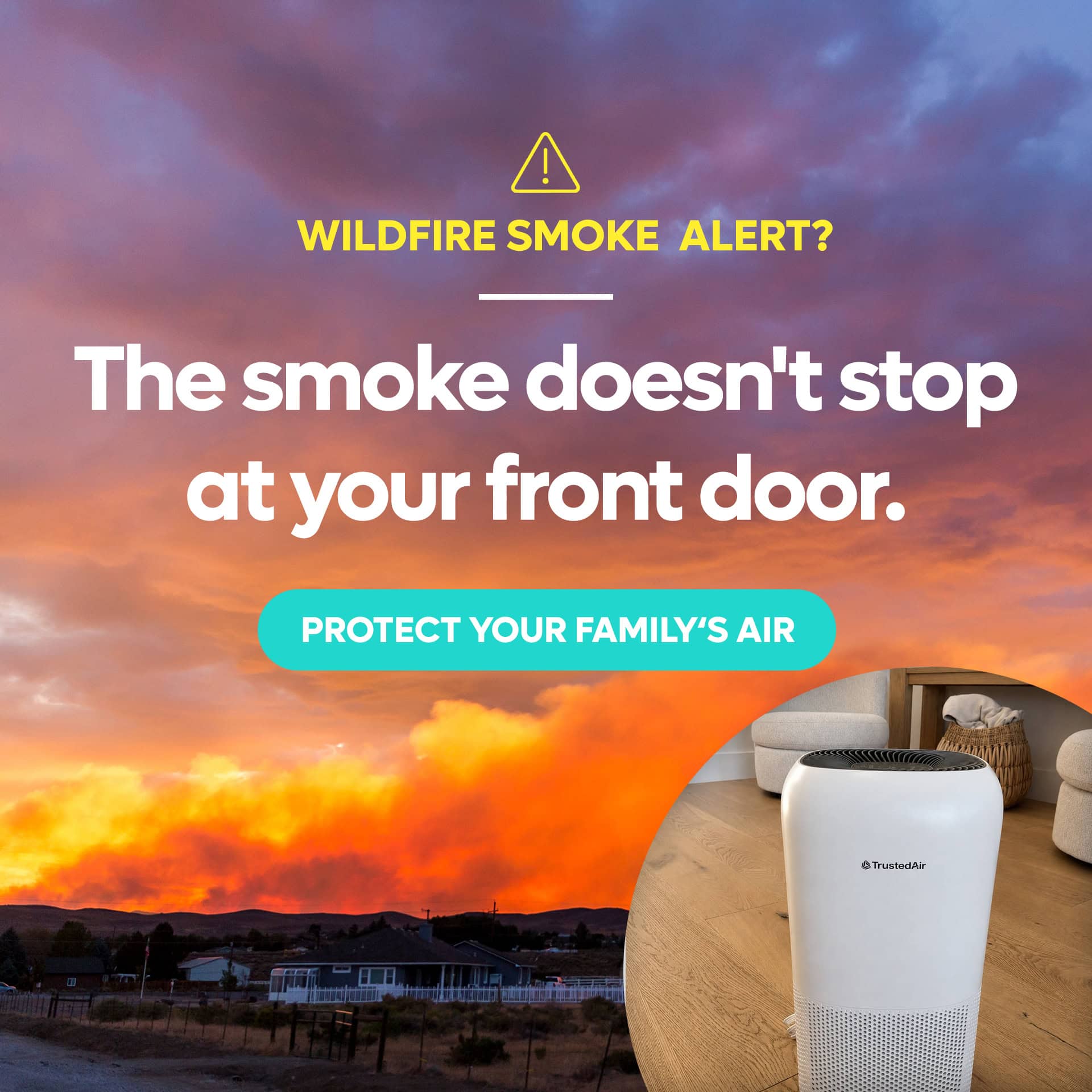 TrustedAir Smart HEPA Air Purifier for large rooms with wildfire smoke alert warning.