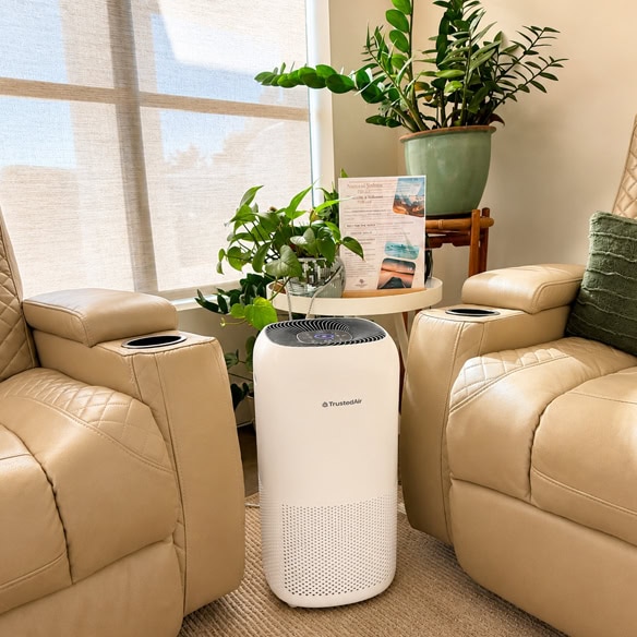 TrustedAir smart HEPA air purifier placed between two beige leather sofas in a cozy living room with plants and natural light.