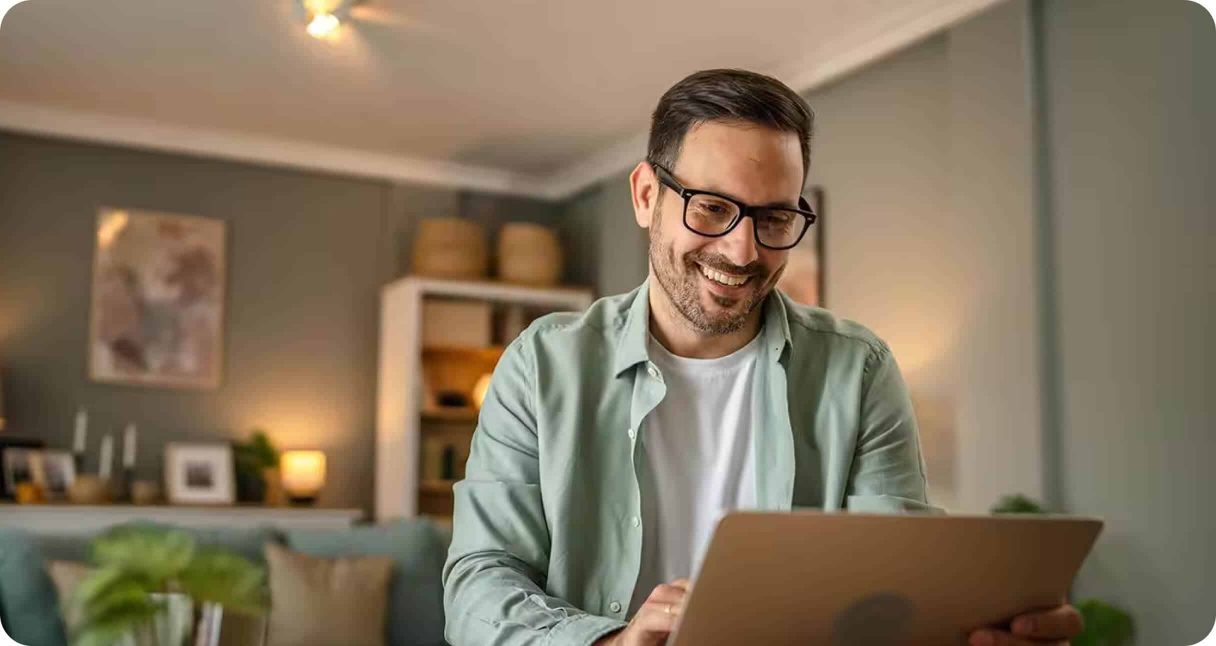 Clean indoor air quality expert smiling with digital tablet in home setting.