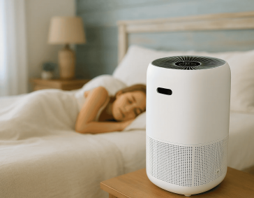 Fresh air purifier in bedroom promotes clean indoor air and a healthy sleeping environment.
