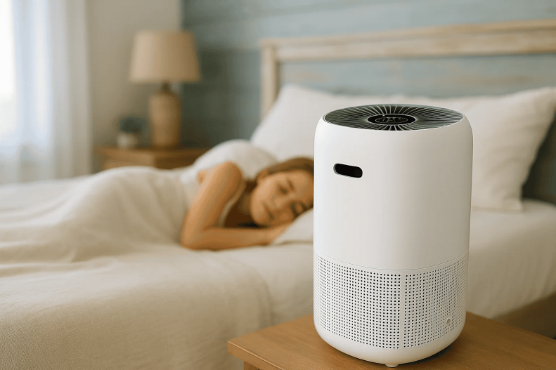 girl sleeping with air purifier