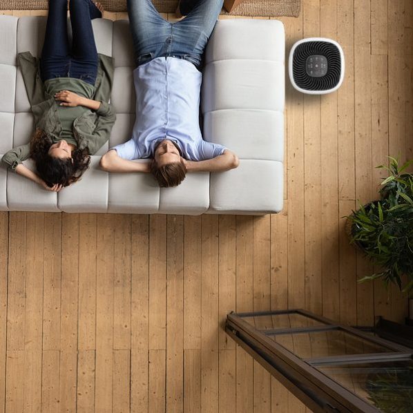 Relaxing couple lying on a modern sofa in a cozy living room with wooden flooring and indoor plants, enjoying a comfortable moment together.