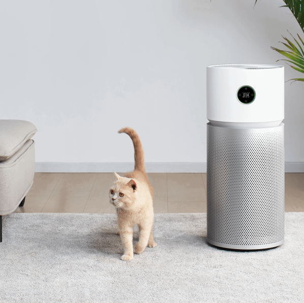 Modern air purifier with digital display in living room for clean indoor air and pet allergen removal.