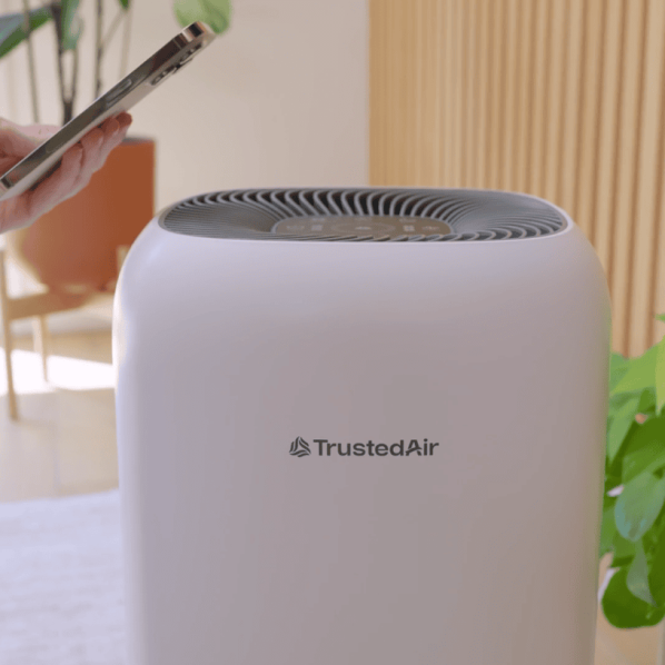 Modern TrustedAir air purifier with sleek design, ideal for improving indoor air quality and removing pollutants.