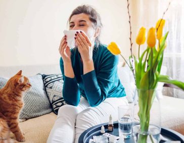 Sneezing woman with tissues on sofa, surrounded by cats, feeling sick, indicating allergy or cold.